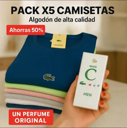 ⭐ Combo 5 Camisetas Lacoste + 1 Perfume Lacoste White GRATIS